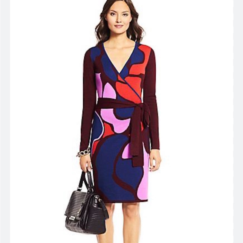 Diane von Furstenberg Linda Rose Trellis Wool Wrap Dress Size M